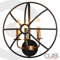 arbotante vela vintage tres luces. Cuerpo metálico acabado negro con dorado, estilo vela tres luces, pantalla jaula redonda color negro. Luz cálida. Intensidad alta.