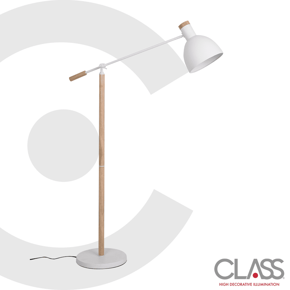 Lámpara de pie clasica. Cuerpo metálico con detalles en madera, color blanco, pantalla de metal blanco.