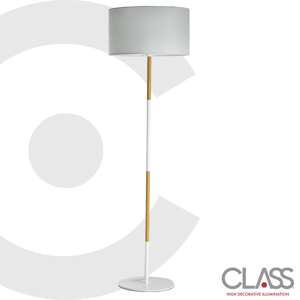 Lámpara de pie madera clasica. Cuerpo de madera con detalles en blanco, pantalla de tela blanca.