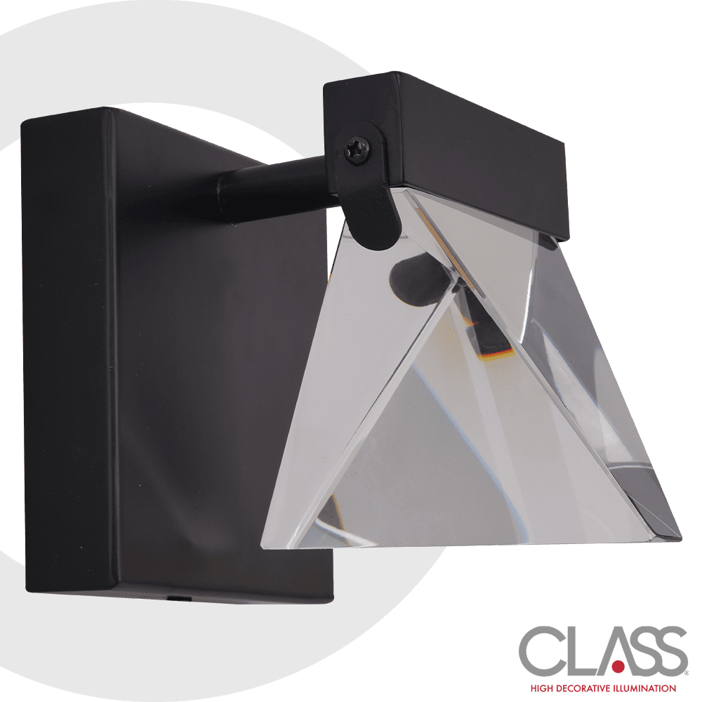 Arbotante led moderno de una luz. Cuerpo color negro con pantalla prisma de vidrio transparente.