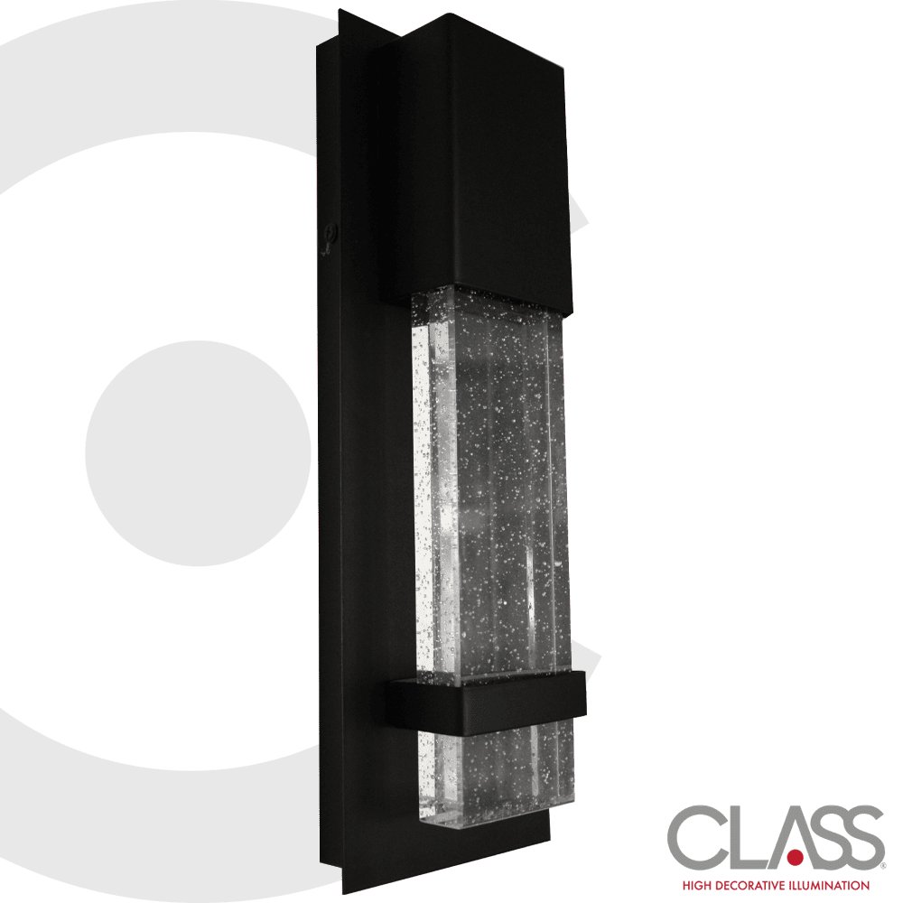 Arbotante moderno de una luz. Cuerpo metálico rectangular negro con pantalla de cristal rectangular. Luz cálida, intensidad media.