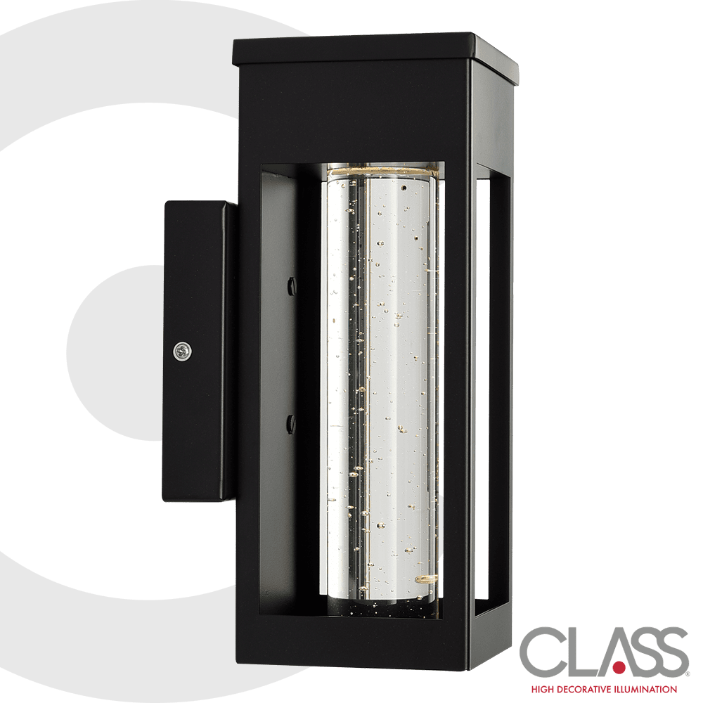 Arbotante moderno de una luz. Cuerpo metálico cúbico alargado negro con pantalla de cristal cilíndrica. Luz neutra, intensidad media.