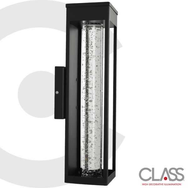 Arbotante moderno de una luz. Cuerpo metálico rectángulo cúbico negro con pantalla de cristal cilíndrica. Luz neutra, intensidad alta.