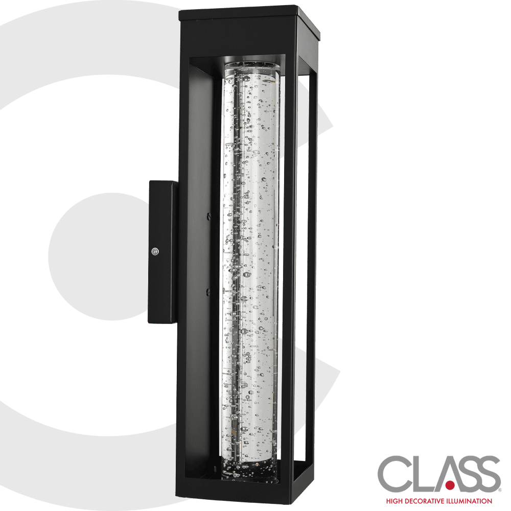Arbotante moderno de una luz. Cuerpo metálico rectángulo cúbico negro con pantalla de cristal cilíndrica. Luz neutra, intensidad alta.