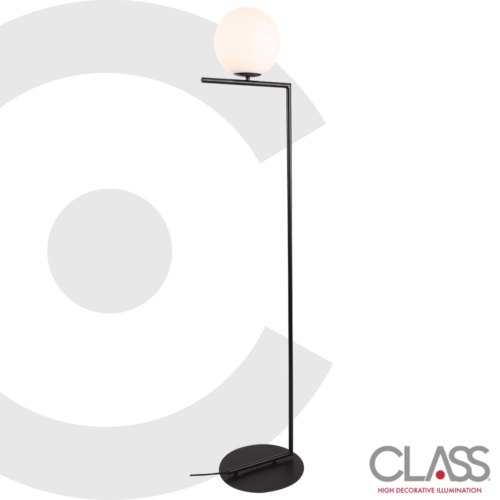 Lampara de piso, cuerpo color negro y pantalla de cristal circular acabado en blanco.