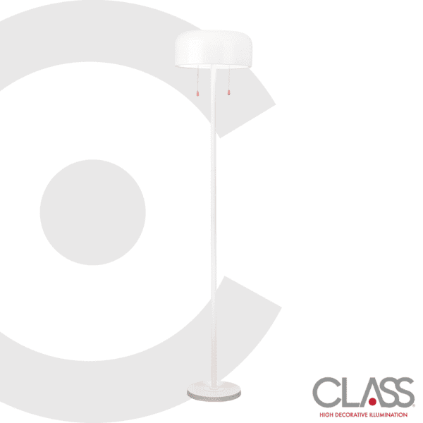 Lampara de pie clásica, cuerpo color blanco y pantalla de metal circular acabado en blanco.